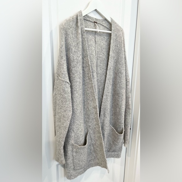 Free People Open Knit Wool Cardigan Sweater Pockets Light Gray Boho Women’s M - Picture 2 of 8